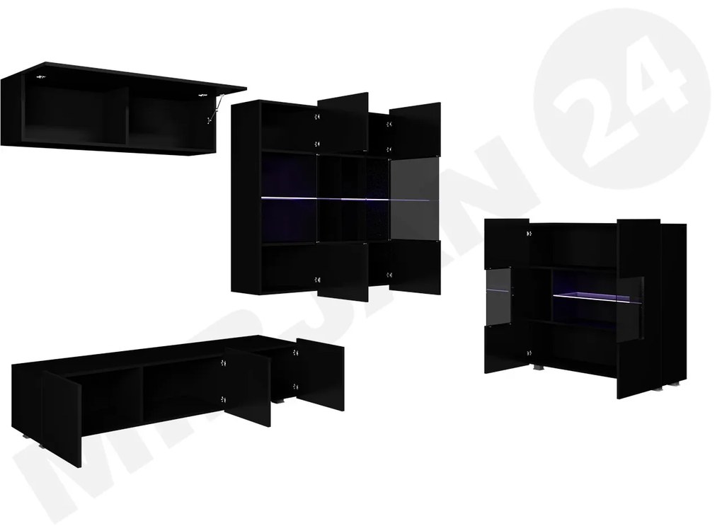 Obývacia stena Bralani VI s komodou, Farby: dub zlatá / biely + biely lesk, Osvetlenie: osvetlenie LED modré