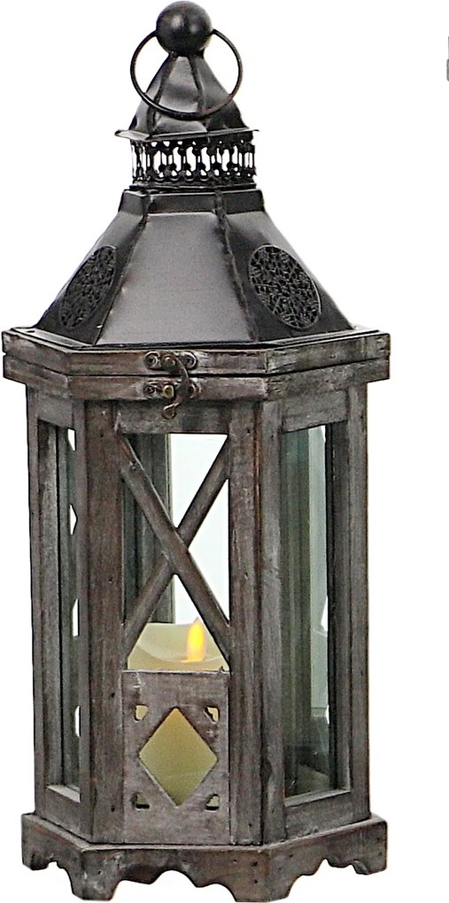 Drevený lampáš s plechovým vrchom MSL3564BR - hnedo-biely (20x18x45 cm) - vidiecky štýl