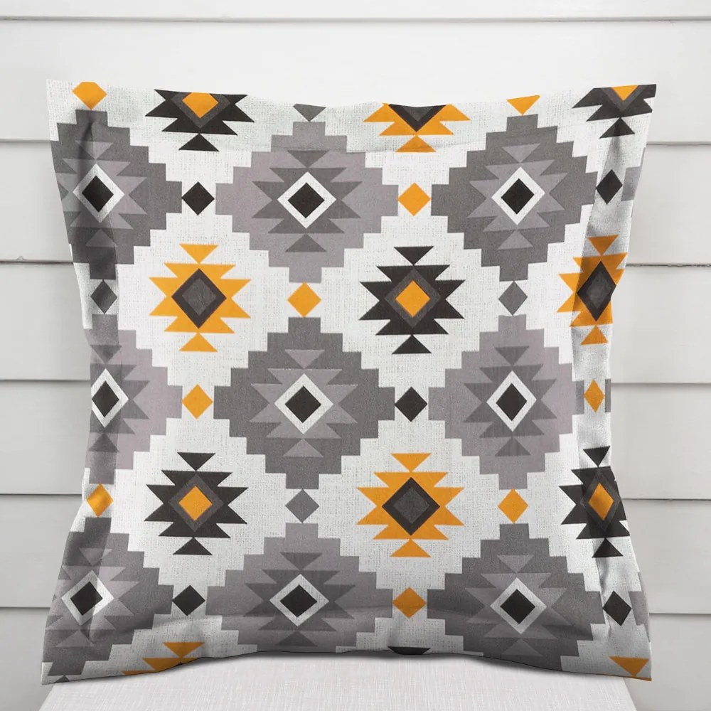 Biante Bavlnená obliečka na vankúš s lemom Sandra SA-520 Žlto-sivý aztécky vzor 60 x 60 cm