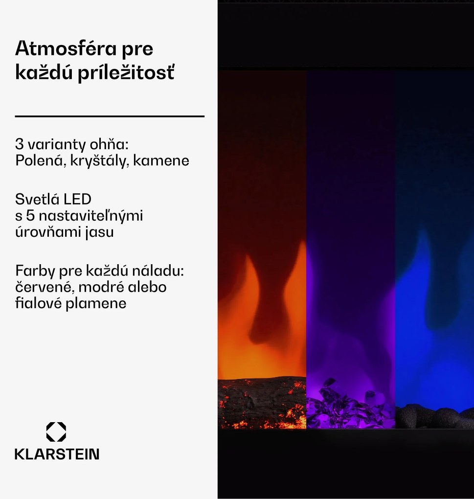 Klarstein Galeras Smart Inteligentný elektrický krb, 2 nastavenia teploty, 16 - 30°| LED ilúzia plameňa, Možnosť pripojenia k IOT