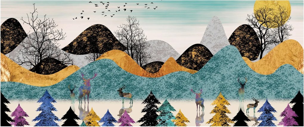 Grafický obraz s jeleňmi (120x50 cm)