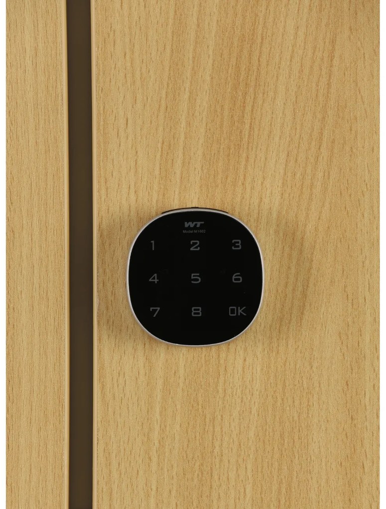 Šatníková skrinka S1 s úložnými boxmi, 3 boxy, 1850 x 300 x 500 mm, demont, kódový zámok, laminované dvere, orech