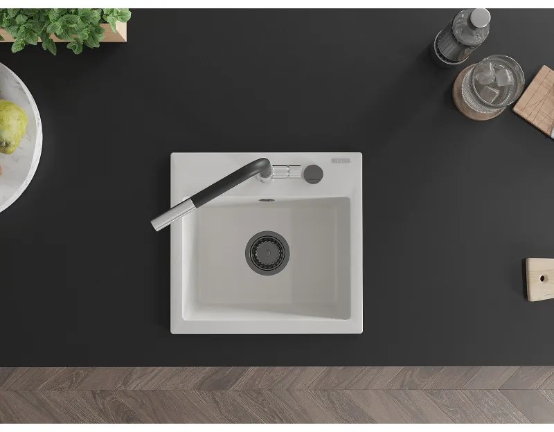 Mexen Milo, 1-komorový granitový drez 435x410x171 mm a drezová batéria Flora, biela, 6505-20-670401-07-B