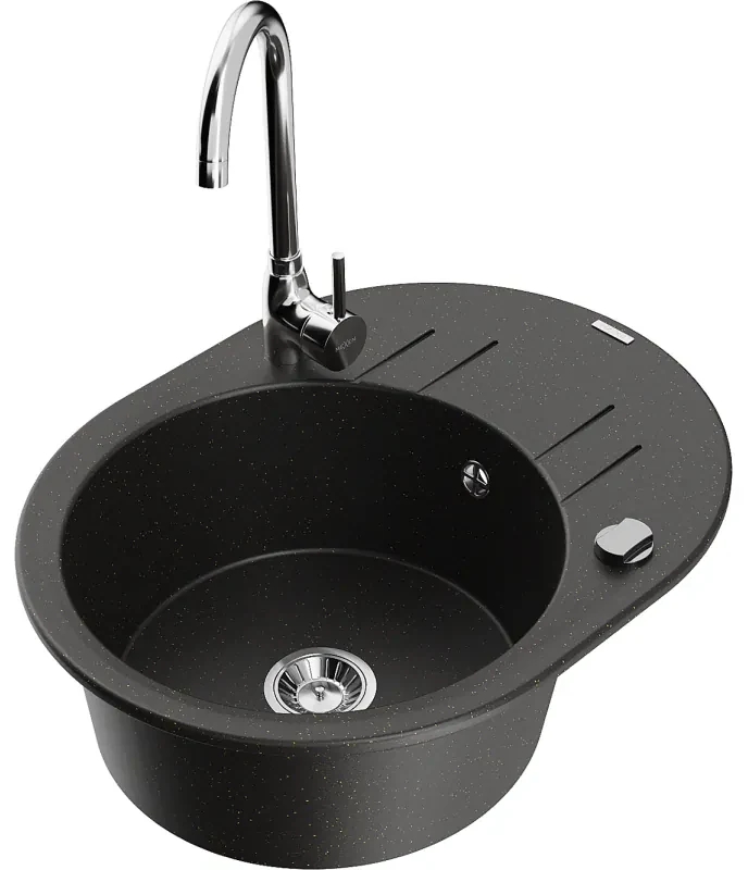 Mexen Kevin, drez granitový 586x458x190 mm, 1-komorový a chróm batéria Telma, čierna - zlatá metalíza, 6517-75-670200-00