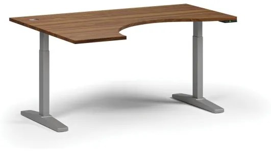 Výškovo nastaviteľný stôl, elektrický, 675-1325 mm, ergonomický ľavý, doska 1600x1200 mm, sivá podnož, orech