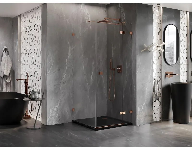 Mexen Lunar T, výklopný sprchový kút pravý 110 x 110 cm, 8mm číre sklo, profil ružové zlato, 834T-110-110-60-00-P