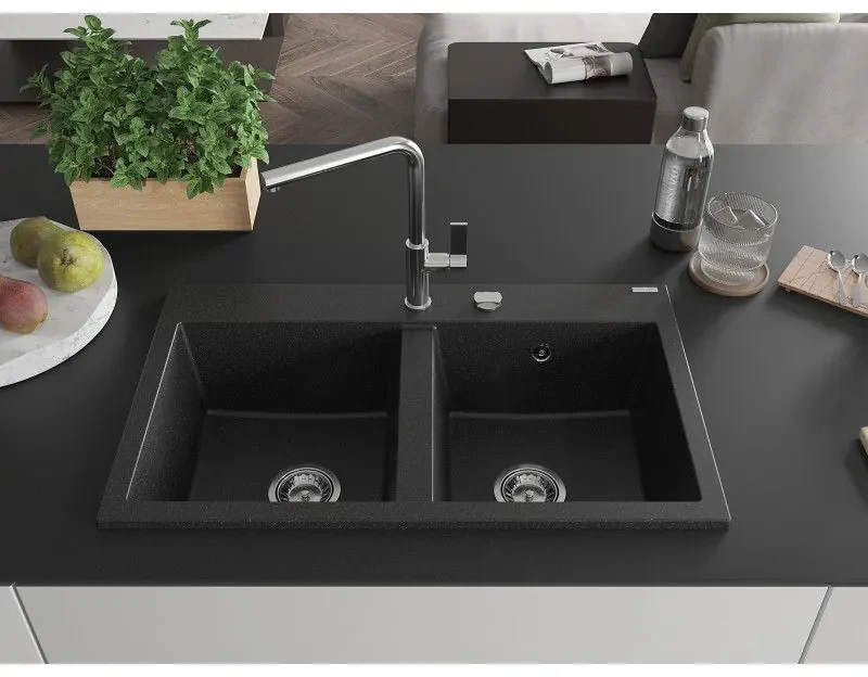 Mexen Hektor, 2-komorový granitový drez 800x480x205 mm, čierna-strieborná metalíza, chrómový sifón, 6521802000-73