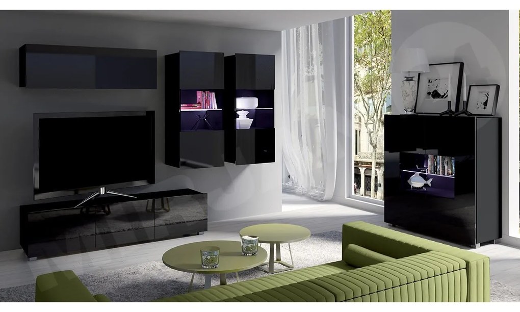 Obývacia stena Bralani VI s komodou, Farby: dub zlatá / biely + biely lesk, Osvetlenie: osvetlenie LED modré