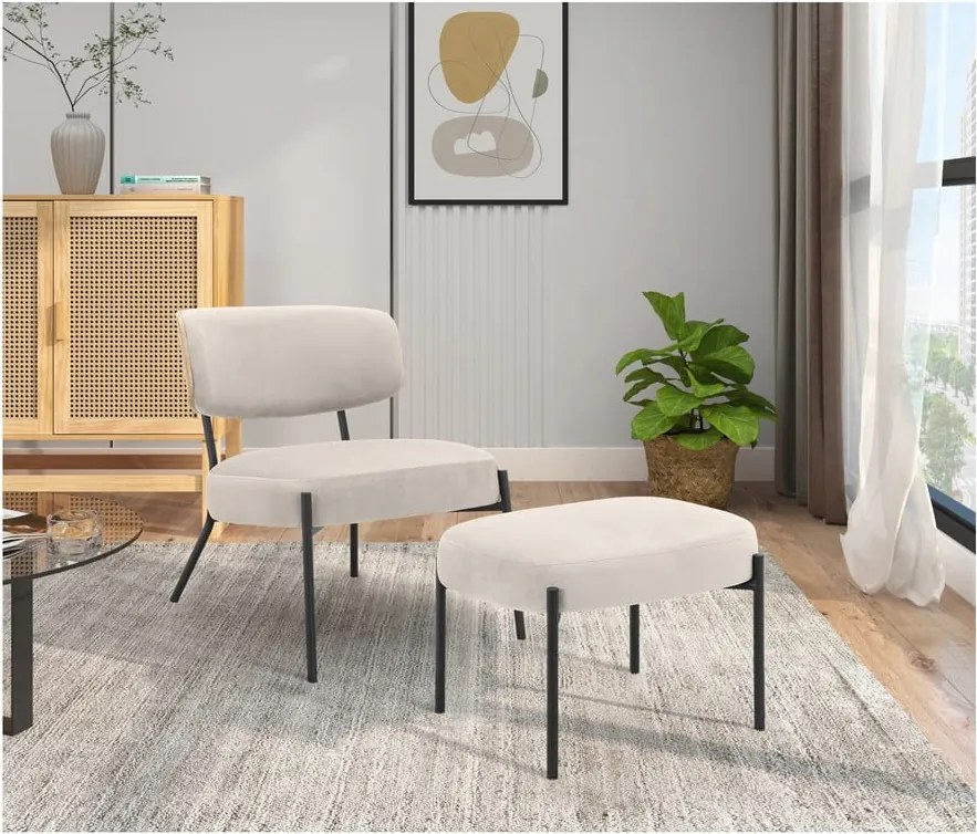 Krémovobiele zamatové kreslo s podnožkou Jerry – Støraa