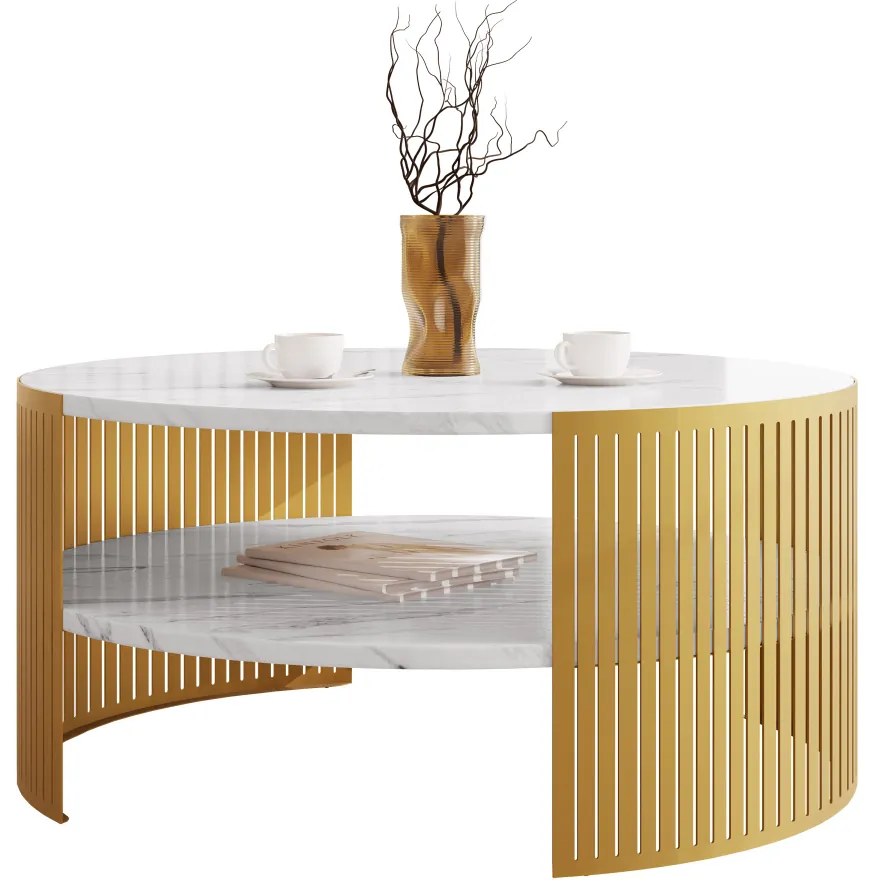 Konferenčný stolík Zinzit Gold, Farba: zlatá/biely mramor