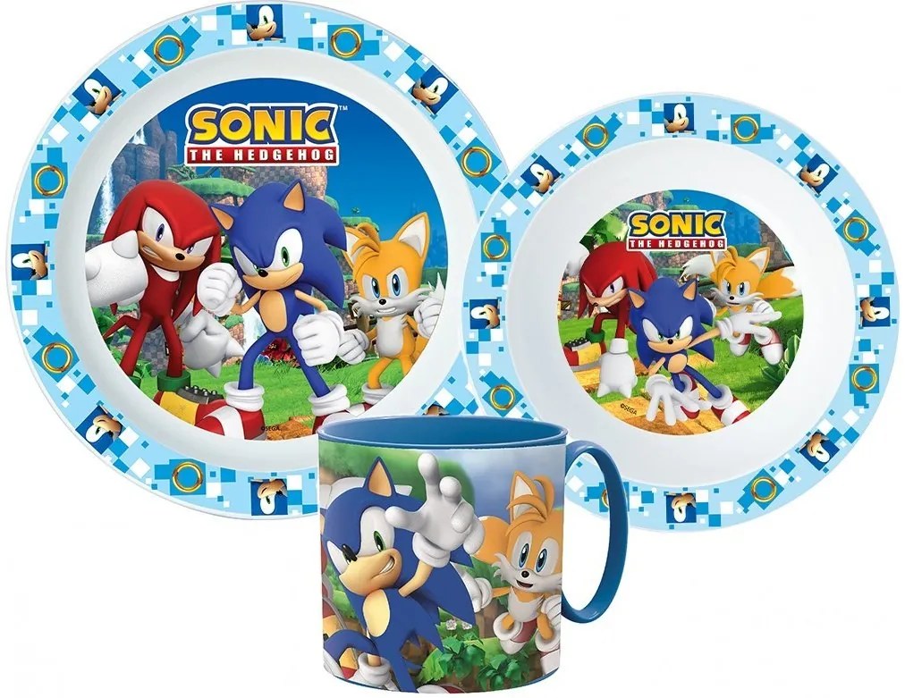 Sada plastového riadu s hrnčekom pre deti - motív Ježko Sonic - 3 diely