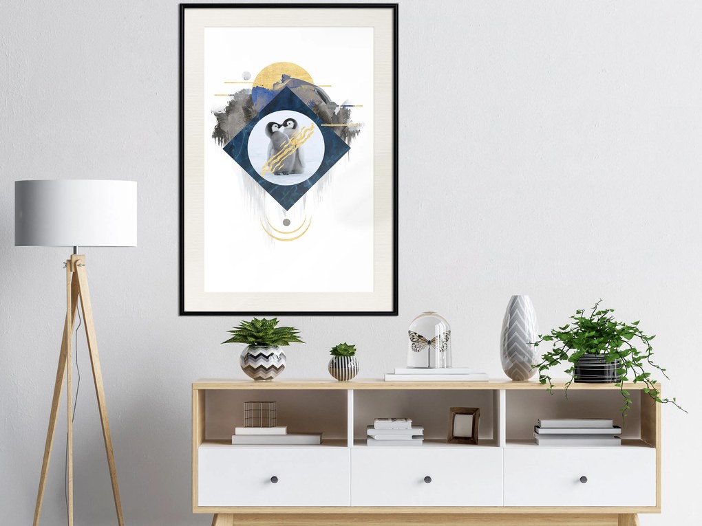 Artgeist Plagát - Penguin Couple [Poster] Veľkosť: 20x30, Verzia: Zlatý rám s passe-partout