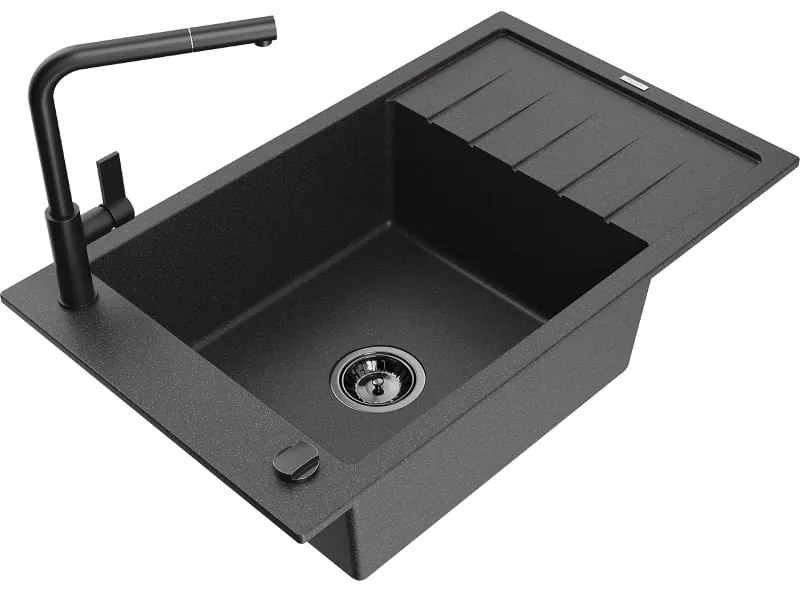 Mexen Elias, 1-komorový granitový drez 795x480x200 mm a drezová batéria Flora, čierna škvrnitá, 6511-76-670401-70-B