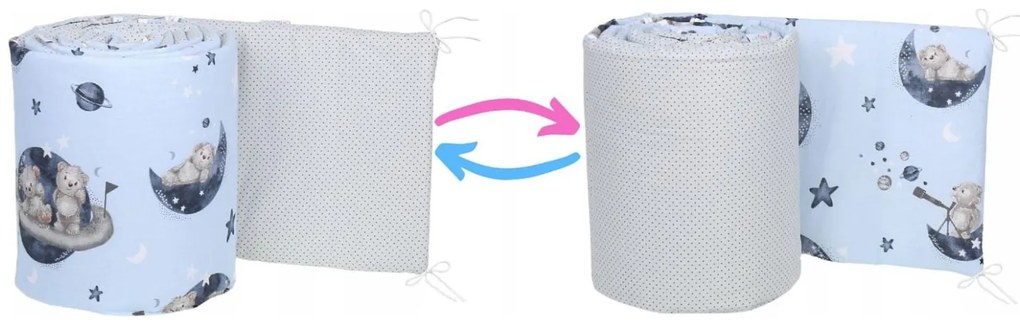 Ochranný mantinel do postieľky 180x30 cm BABYMAM PREMIUM - Medvedíci vo vesmíre/tm. bodky na šedej