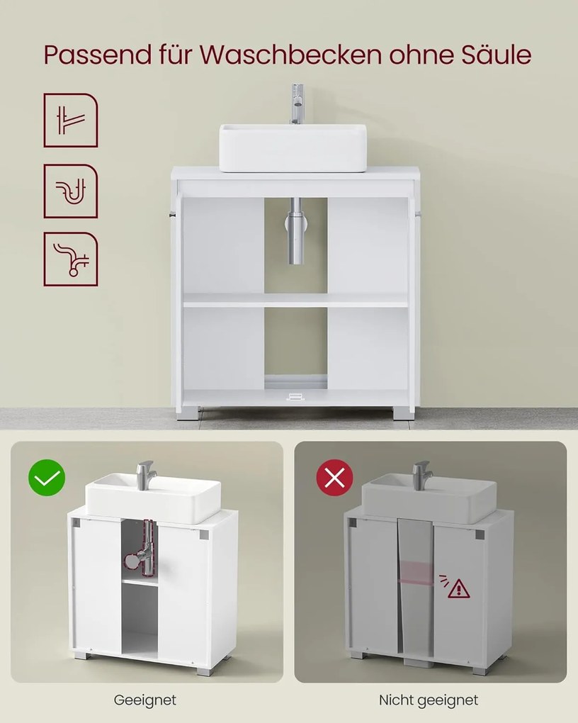 VASAGLE skrinka pod umývadlo, kúpeľňová skrinka 30×60×60 cm, mračná biela