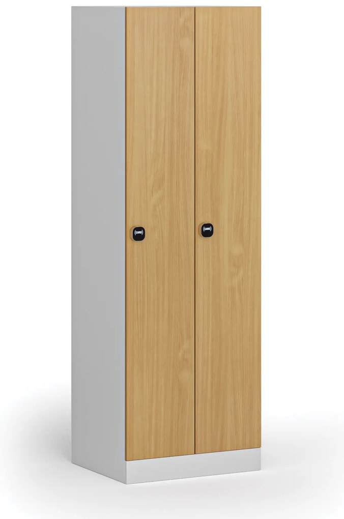 Kovová šatníková skrinka, 2-dverová, 1850 x 600 x 500 mm, demont, zámok s čítačkou RFID kariet, laminované dvere, buk