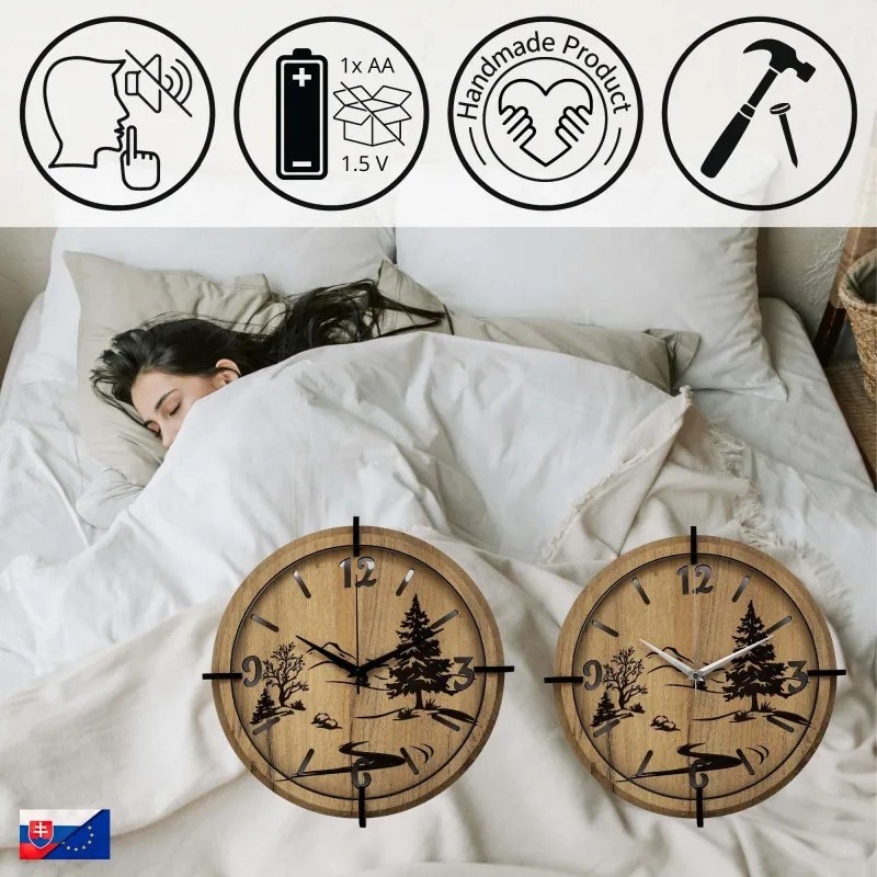 Moderné nástenné hodiny s motívom lesa a hôr | SENTOP HDF0600-GOLD-OAK