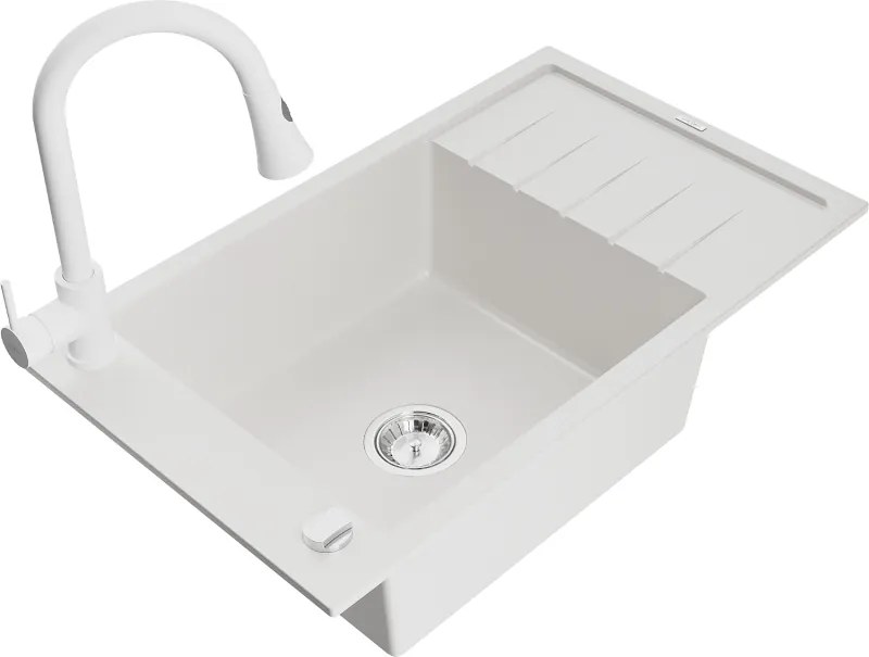 Mexen Elias granitový jednokomorový drez s odkvapkávačom a kuchynskou batériou Elia, Biela - 6511-20-670101-20