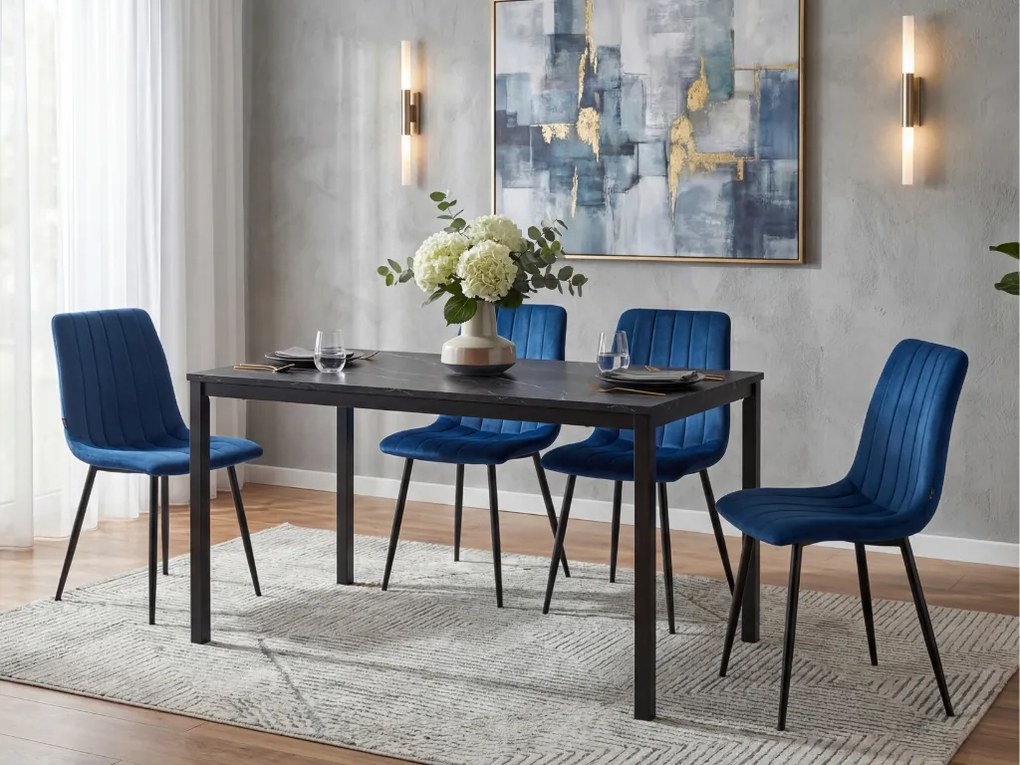 Jedálenský set 1 + 4, čierny stôl RAMOD 100x60 cm + modrá stolička LAVA s čiernymi nohami