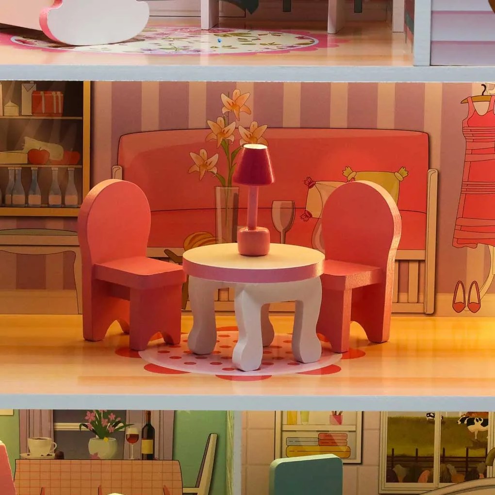 KIK Drevený domček pre bábiky KIK, 3-poschodový, s dreveným nábytkom a LED osvetlením, ružový