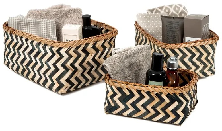 Súprava 3 úložných bambusových košíkov Compactor Natural And Black Bamboo