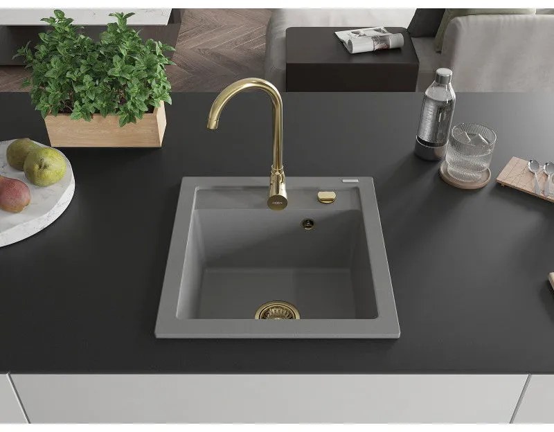 Mexen Vito, granitový drez 520x490x210 mm, 1-komorový, šedá so zlatým sifónom, 6503521000-71-G