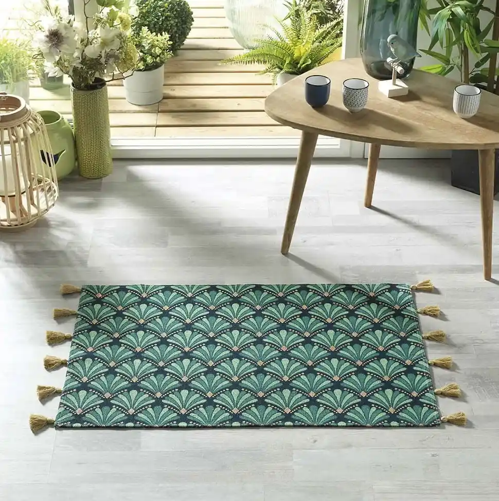 Zelený koberec z bavlny so strapcami a art deco vzorom 50 x 80 cm kolekcia  Scandinavia | Biano