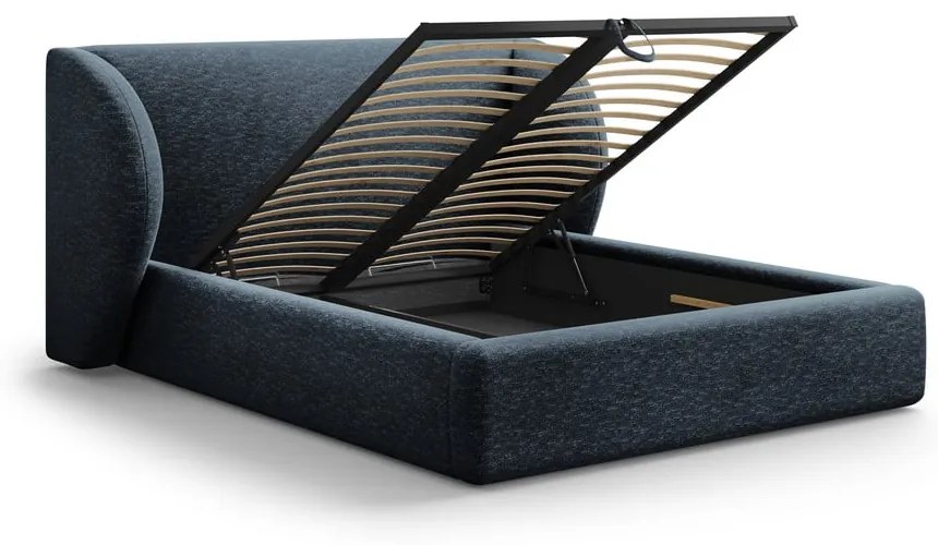 Tmavomodrá čalúnená dvojlôžková posteľ s úložným priestorom s roštom 160x200 cm Miley – Micadoni