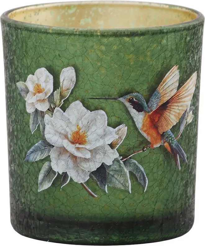 Zelený sklenený svietnik Kolibrík s kvetmi S - Ø 7*8 cm