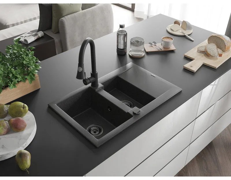 Mexen Gaspar, 1,5-komorový granitový drez 737x475x177 mm a drezová batéria Elia, čierna škvrnitá, 6507-76-670101-70-B