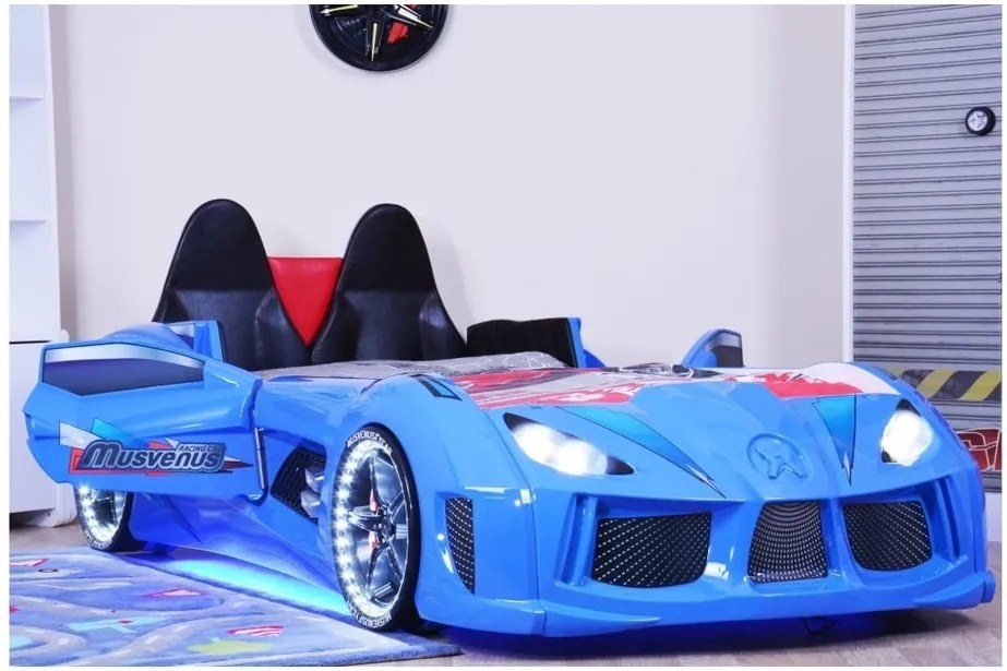 Modrá detská posteľ v tvare auta s LED svetlami Racero, 90 × 190 cm