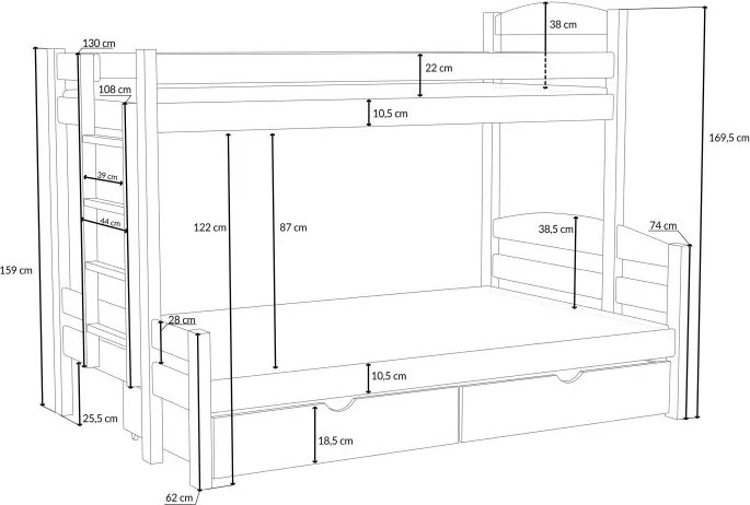 Detská poschodová posteľ z masívu borovice s rozšíreným spodným lôžkom SAVANA so šuplíkmi - 200x90/140 cm - BIELA