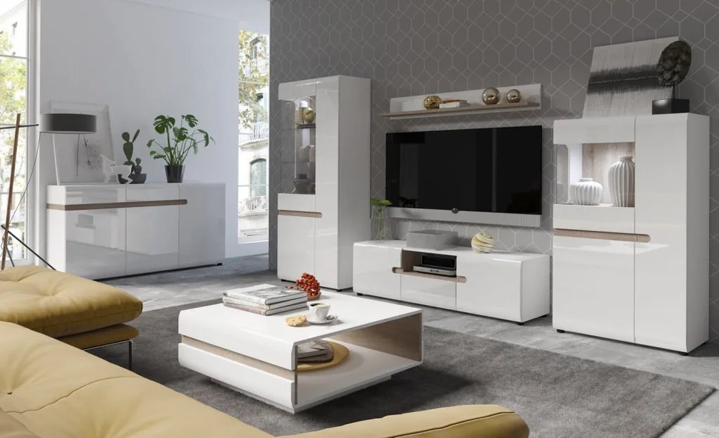 Vysoká vitrína Linate, biely lesk/dub, ľavá