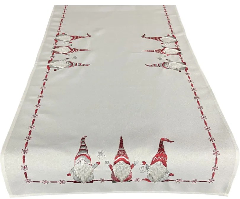 Biela vianočná štóla s červenou výšivkou škriatkov Šírka: 40 cm | Dĺžka: 85 cm