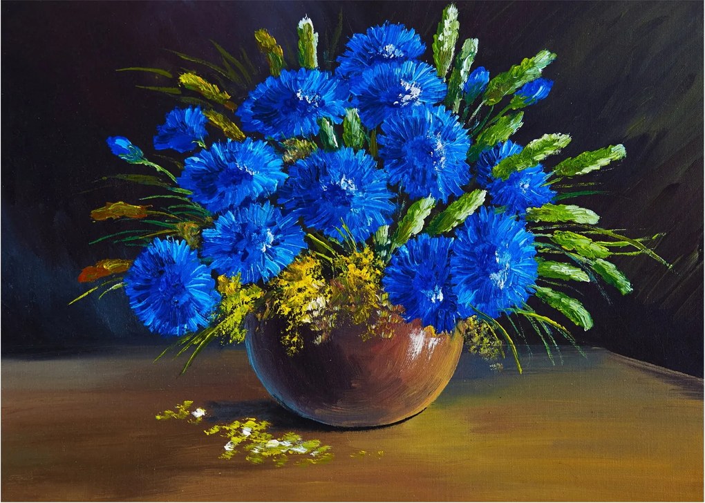 Obraz modrých kvetov vo váze (70x50 cm)