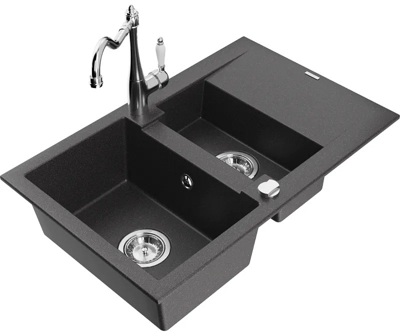 Mexen Gaspar, 1,5-komorový granitový drez 737x475x177 mm a drezová batéria Carla, čierna škvrnitá, 6507-76-670700-00