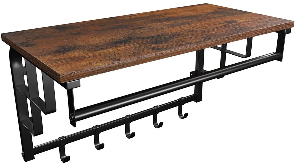 Nástenný vešiak na kabáty, s 5 háčikmi, 66 x 30 x 27 cm, rustikálny hnedý