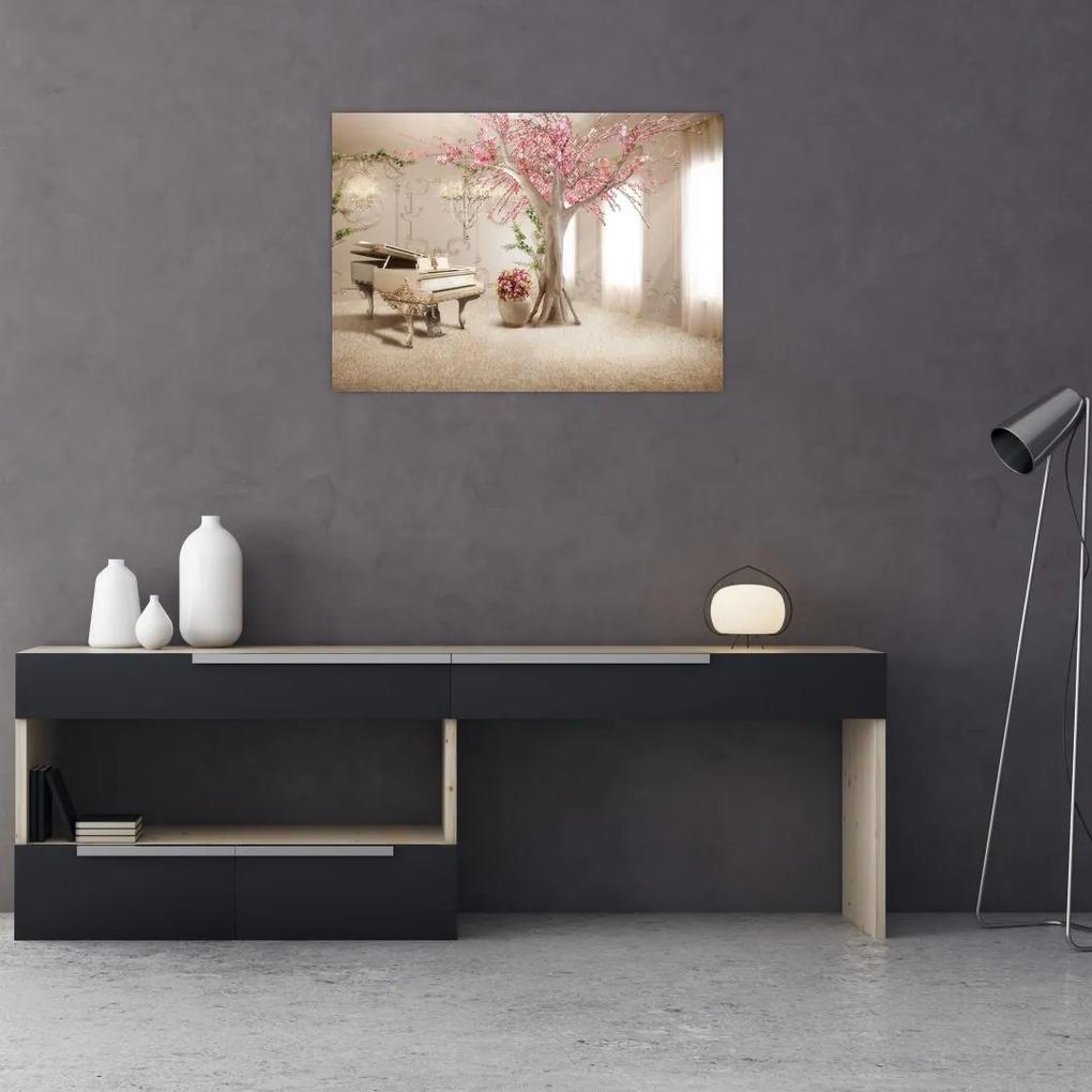 Sklenený obraz - Snový interiér s klavírom (70x50 cm)
