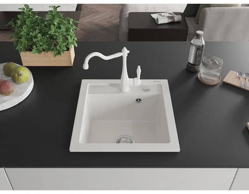 Mexen Vito, granitový drez 490x520x210 mm, 1-komorový a drezová batéria Carla, biela, 6503-20-670700-20