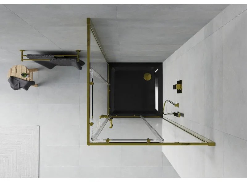 Mexen Rio, štvorcový sprchovací kút s posuvnými dverami 80(dvere) x 80(dvere) x 190 cm, 6mm číre sklo, zlatý profil + čierna sprchová vanička SLIM, 860-080-080-50-00-4070G
