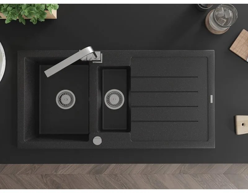 Mexen Andres, granitový drez 1000x500x200 mm, 1,5-komorový, čierna - strieborná metalíza s chrómovým sifónom a chrómová drezová batéria Rita, 6515-73-670300-00