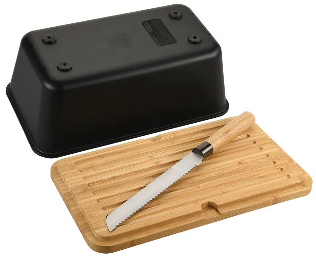 Kesper Chlebník veľký, s bambusovým vekom a nožom 3v1 – čierny