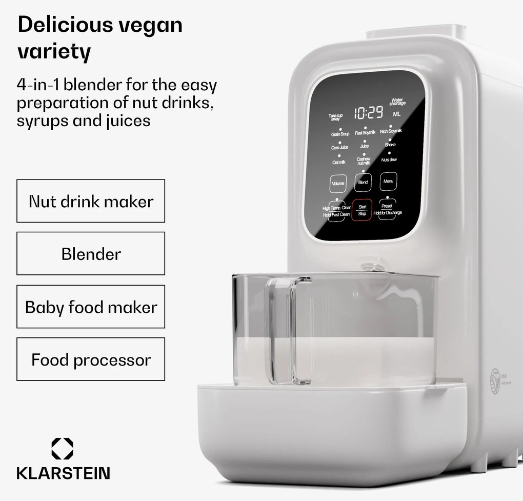 Klarstein Loire 4 v 1, výrobník vegánskych nápojov, 800/1200 W, 1200 ml, dotykové ovládanie, odnímateľný zásobník na vodu