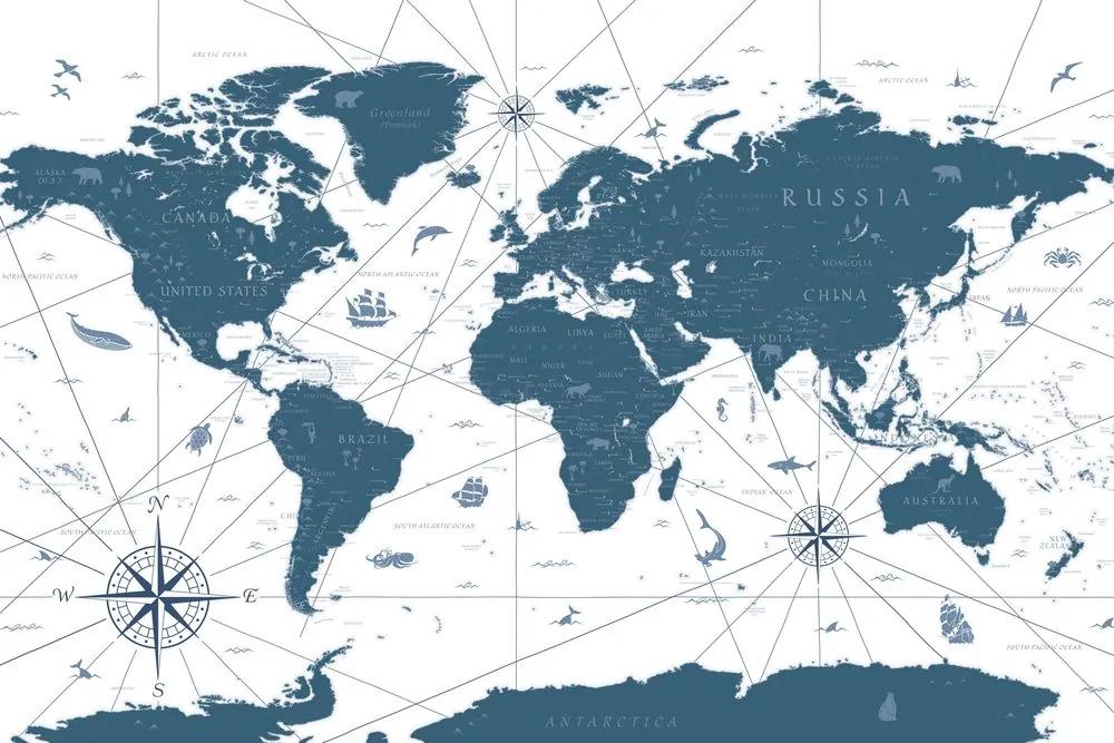 Obraz na korku mapa sveta s historickým nádychom v modrom prevedení