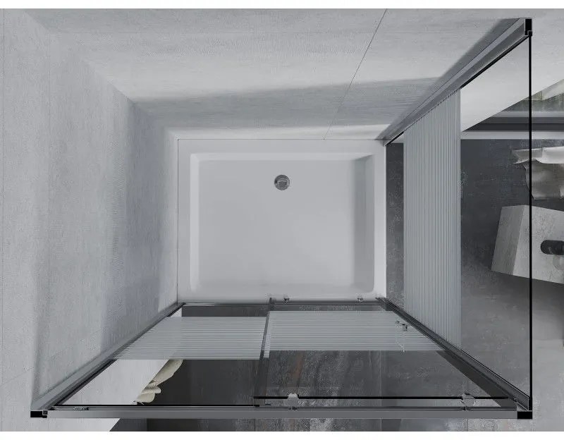 Mexen Apia, sprchový kút s posuvnými dverami 120 (dvere) x 90 (stena) cm, 6mm číre sklo s pásikmi, chrómový profil + biela sprchová vanička RIO s chrómovým sifónom, 840-120-090-01-20-4510