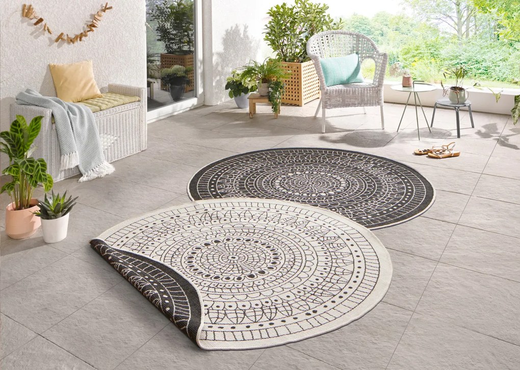 NORTHRUGS - Hanse Home koberce Kusový koberec Twin-Wendeteppiche 103101 creme schwarz – na von aj na doma - 140x140 (priemer) kruh cm