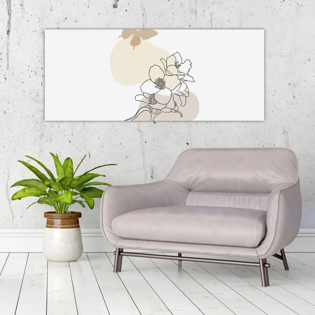 Obraz - Béžové kvety s motýľom N⁰3 (120x50 cm)