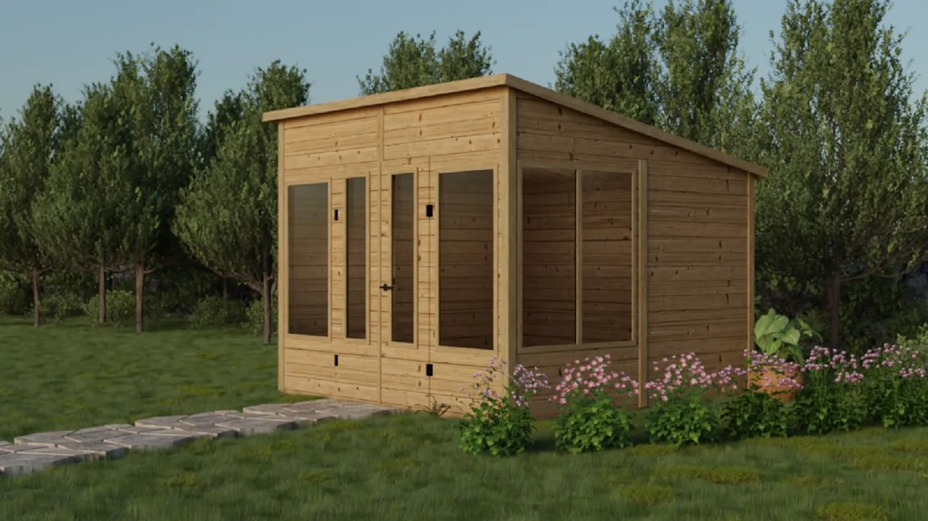 Drevený domček PAMPA s pultovou strechou (3,2 × 3,2 m)