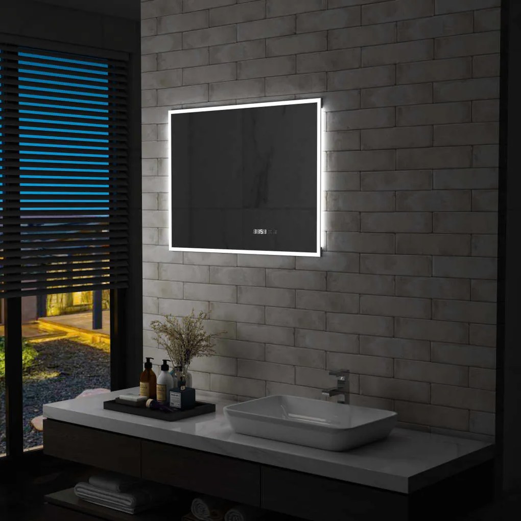 vidaXL Kúpeľňové LED zrkadlo, dotykový snímač+zobrazenie času 80x60 cm