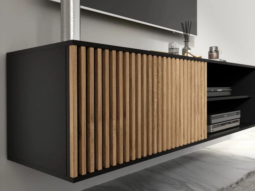 AKCIA Závesný TV stolík MEORATI 150x40 cm, čierna/dub artisan II. trieda